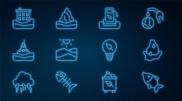 设线死鱼，冰川融化，汽油或加油站，干旱，海上浮动浮标，房屋洪水，带有叶子和冰山图标的灯泡。向量图片下载