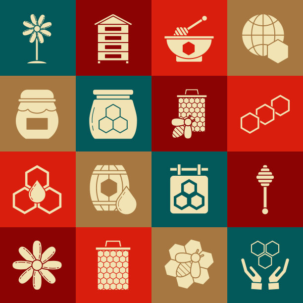 集蜂窝和手，勺棒，碗，罐的蜂蜜，花和蜜蜂蜂窝图标。向量图片下载