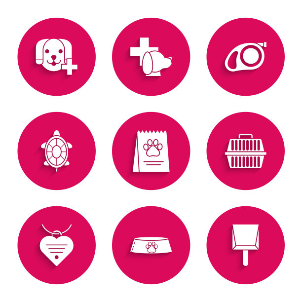 套装狗粮袋，宠物碗猫，簸箕，手提箱，项圈与名牌和心脏，海龟，可伸缩绳牵引钩和兽医诊所符号图标。向量图片下载