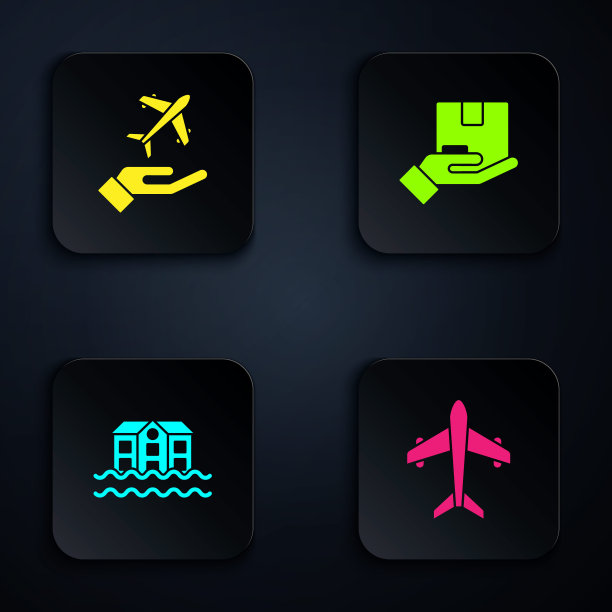 集飞机，手，房子洪水和交付保险。黑色方形按钮。向量图片下载