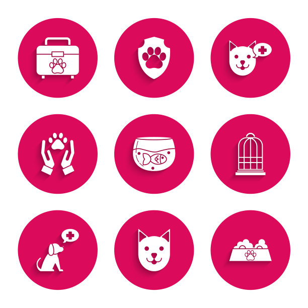 集水族馆与鱼，猫，宠物食品碗猫或狗，笼鸟，兽医诊所符号，手动物足迹，和急救箱图标。向量图片下载
