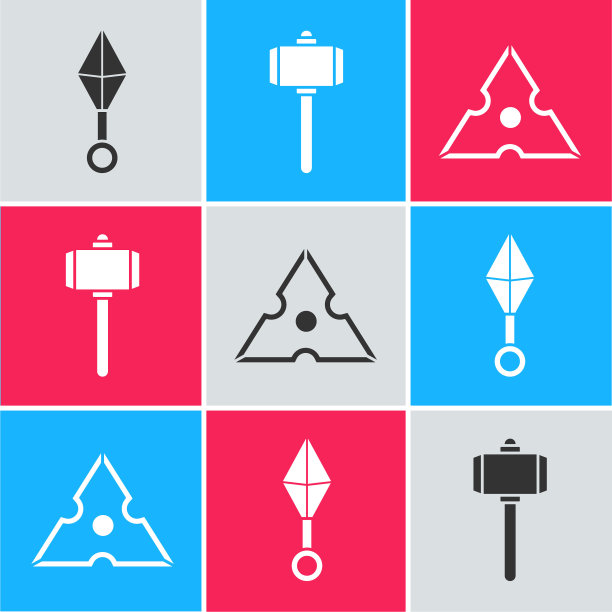 设定日本忍者神龙，战锤和日本忍者神龙图标。向量图片下载