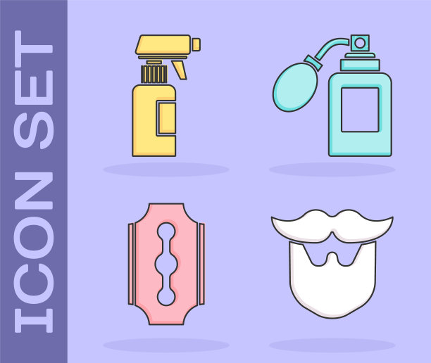 集胡子和胡须，理发师手枪喷雾瓶，刀片剃须刀和须后水瓶与雾化器图标。向量图片下载