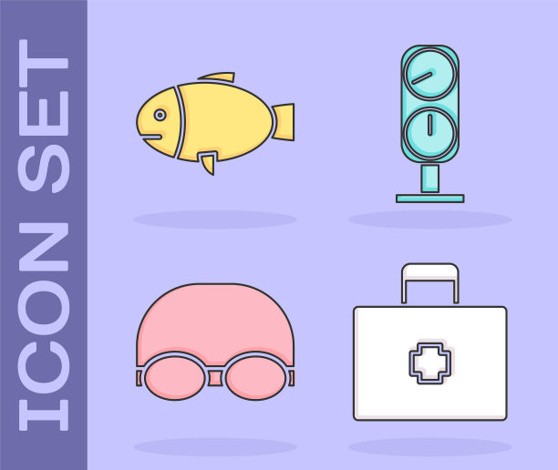 设置急救箱，鱼，眼镜和游泳帽和测量刻度图标。向量图片下载