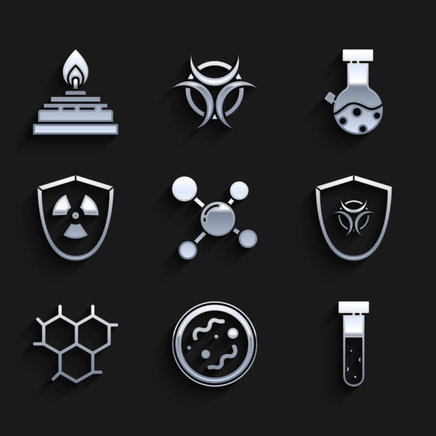 集分子，细菌，试管和烧瓶化学，生物危害标志上屏蔽，化学式，放射性，和酒精精神燃烧器图标。向量图片下载