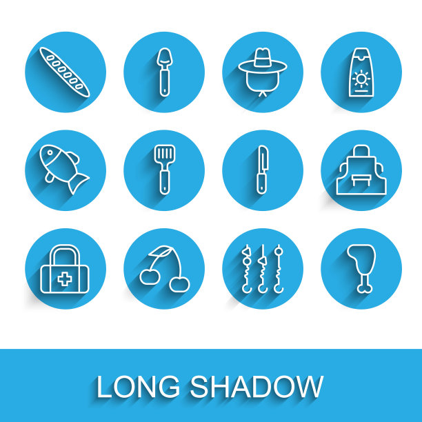 设线急救箱，樱桃，法国法棍面包，烤羊肉串串，鸡腿，抹刀，厨房围裙和刀图标。向量图片下载