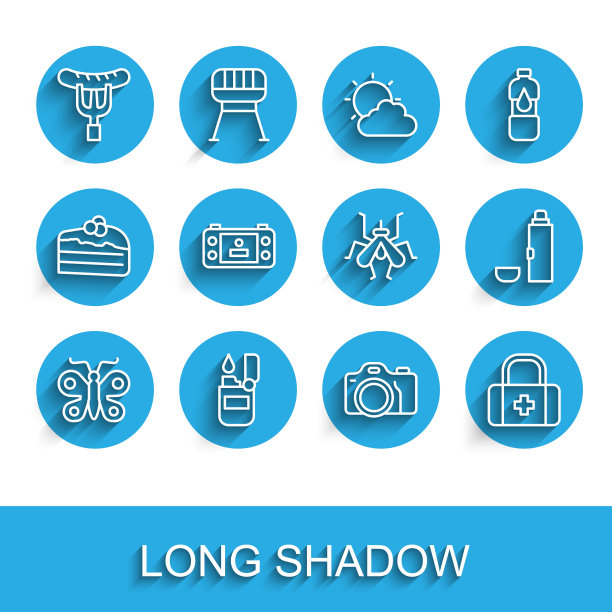 设置线蝴蝶，打火机，香肠上的叉子，照相机，急救箱，便携式视频游戏机，保温瓶容器和蚊子图标。向量图片下载