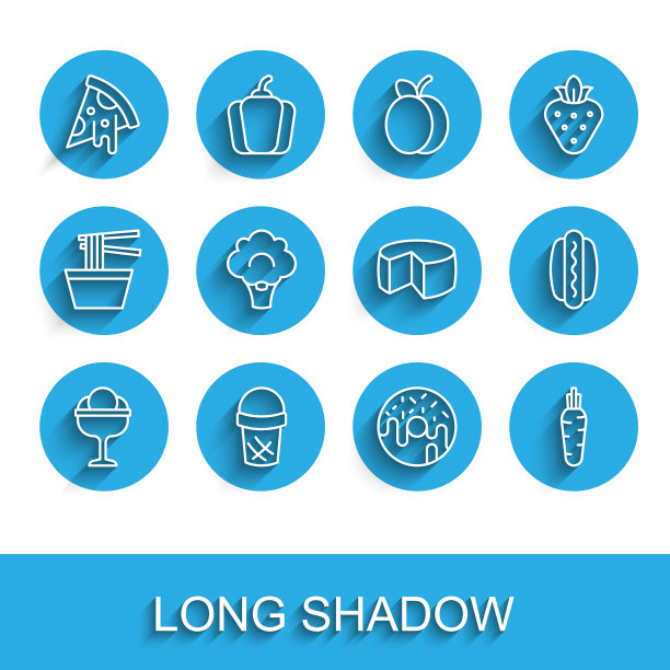 在碗里放冰淇淋，华夫饼，披萨片，甜甜圈，胡萝卜，西兰花，热狗和奶酪图标。向量图片下载