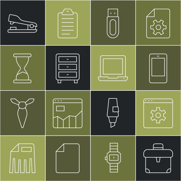 集线公文包，浏览器设置，手机，USB闪存驱动器，档案文件抽屉，旧沙漏，订书机和笔记本电脑图标。向量图片下载