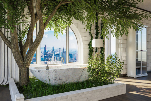 市中心带拱形窗的Loft公寓;室内浴缸带树;旅游概念;三维演示图片下载