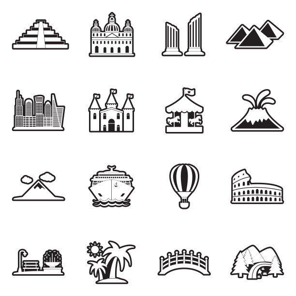 旅游景点图标。线条填充设计。矢量插图。图片下载