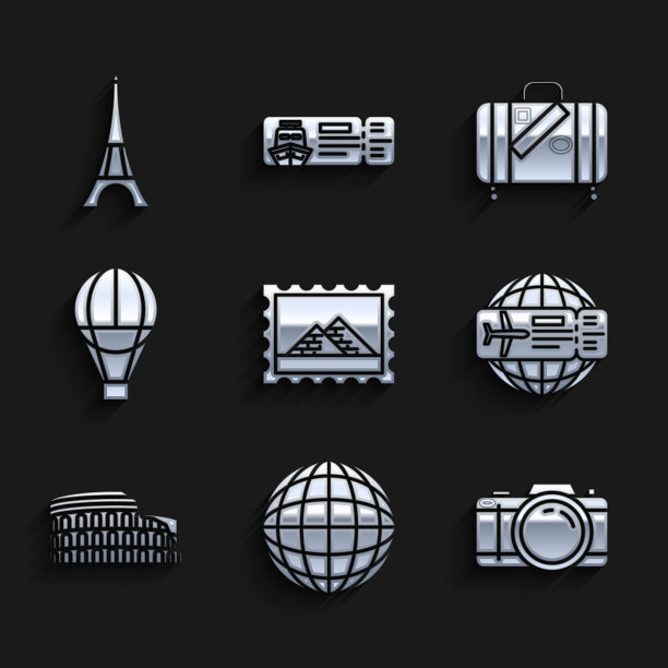 集邮政邮票和埃及金字塔，地球，照相机，机票，罗马竞技场，意大利，热气球，行李箱旅行贴纸和埃菲尔铁塔图标。向量图片下载