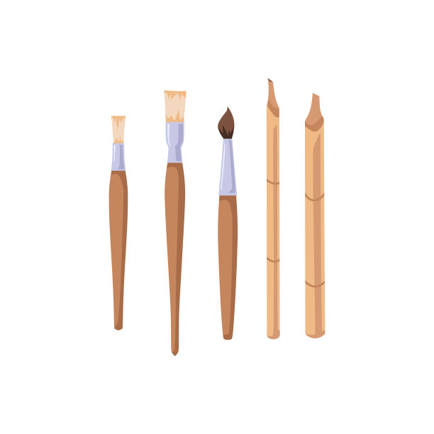 书法工具笔和画笔平面卡通矢量插图孤立。图片下载