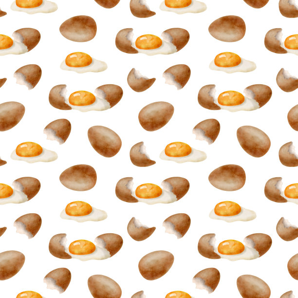 水彩鸡蛋无缝图案。手绘棕色鸡蛋与蛋黄和玻璃重复插图孤立的白色背景。烹饪原料天然有机生态。新鲜的农贸市场食品。图片下载