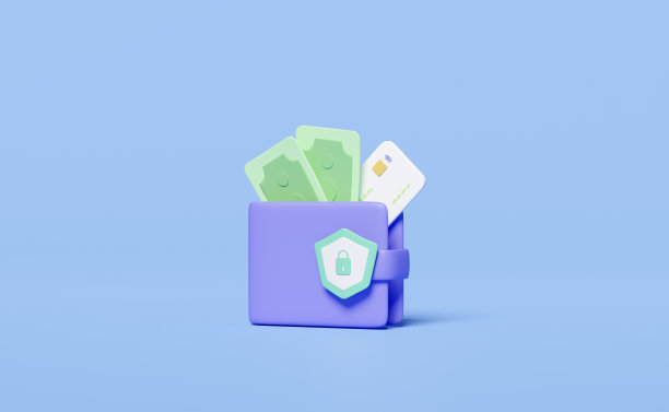 3d钱包图标与盾牌，信用卡，美元钞票隔离在蓝色背景。节约资金，金融业务保障理念，3d渲染插画图片下载
