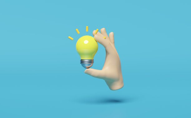 3D手握灯泡隔离在蓝色背景。商业理念提示概念，最小的抽象，3d渲染插图图片下载