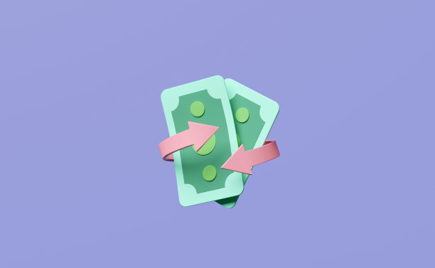 3d货币钞票孤立的紫色背景。转账箭头，现金返还，理财理财业务，现金返还退款概念，3d渲染插画图片下载