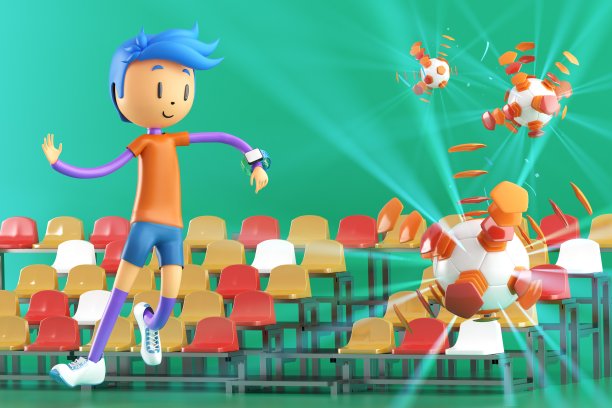 3D男孩角色足球运动员在足球行动。3 d演示。运动背景概念。男人踢运动。体育动作人。图形壁纸。卡通游戏足球。创意海报布局图片下载