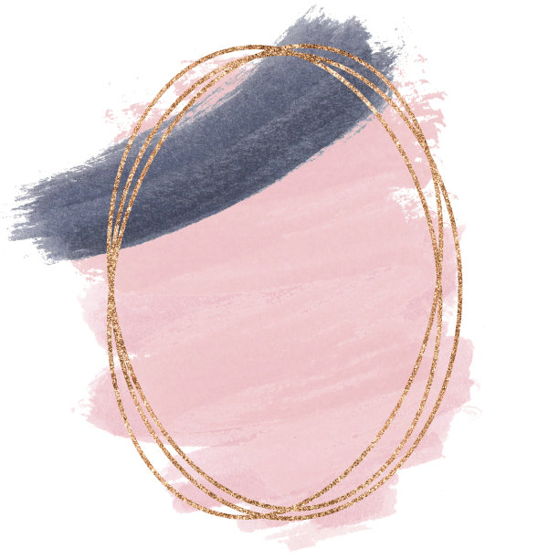 粉红色和黑色的画笔笔触在一个金色的椭圆形框架孤立的白色。文本的抽象背景。设计模板的横幅，卡片，封面，网页，传单，海报。图片下载