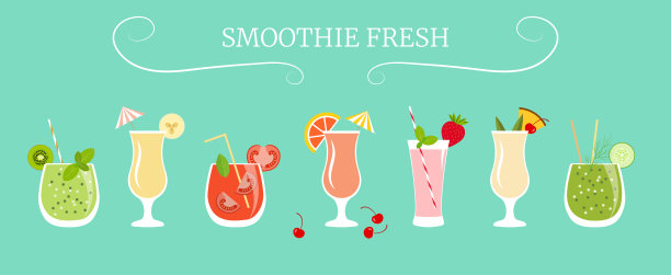 一组矢量图标的冰沙鸡尾酒-猕猴桃，香蕉，菠萝，葡萄柚，草莓，樱桃，黄瓜，番茄，莳萝，薄荷，罗勒。图片下载