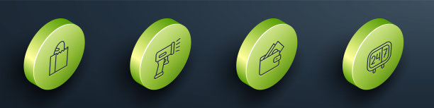 设置等距线纸袋面包，扫描仪扫描条形码，钱包钱和时钟24小时图标。向量图片下载