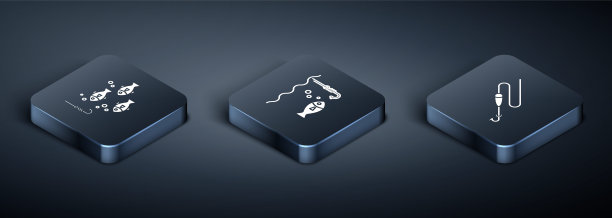 集等距钓鱼钩水下与鱼，钓鱼线与钩子和浮子和钓鱼钩水下与鱼的图标。向量图片下载