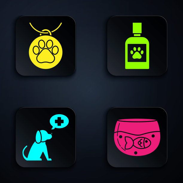 设置水族馆与鱼，项圈与名牌，兽医诊所标志和狗药瓶。黑色方形按钮。向量图片下载