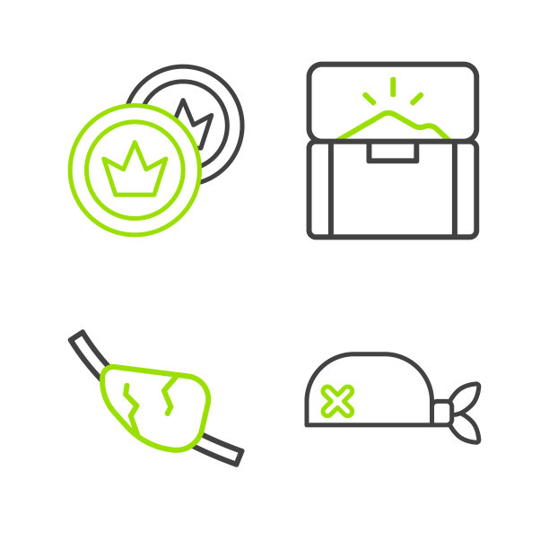 设置线海盗头巾的头，眼罩，古董宝箱和硬币图标。向量图片下载