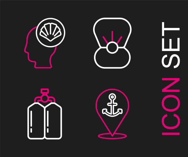 设线位置有锚，水龙，贝壳珍珠和扇贝海贝壳图标。向量图片下载