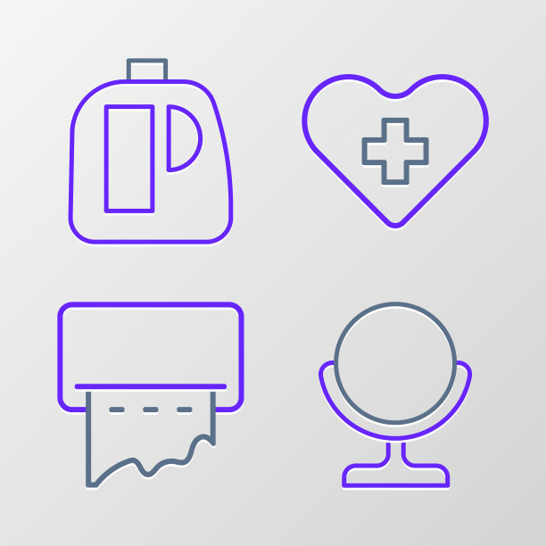 圆形化妆镜，墙上的纸巾分配器，带有十字的心形和用于清洗剂图标的瓶子。向量图片下载