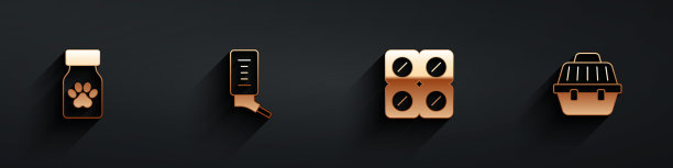 设置药瓶和药丸，饮料的小宠物，狗和宠物手提箱图标长阴影。向量图片下载