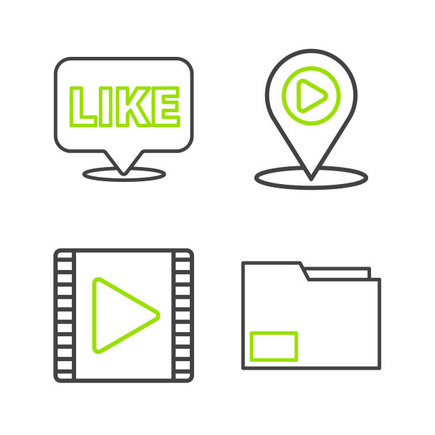 设置行文档文件夹，播放视频，数字媒体播放的位置和喜欢在语音气泡图标。向量图片下载