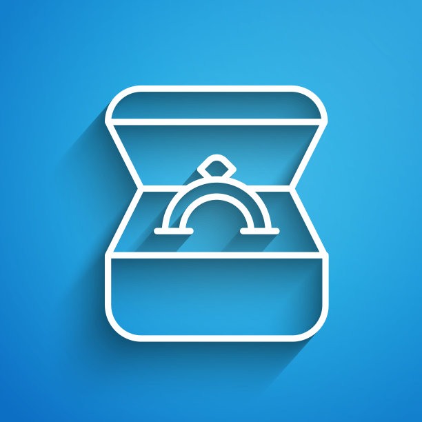 白线钻石订婚戒指在一个盒子图标孤立的蓝色背景。长长的阴影。向量图片下载