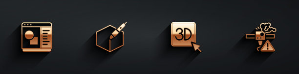 设置3D打印机软件、3D笔工具和长阴影警告图标。向量图片下载