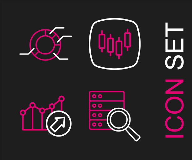 设置线服务器，金融增长，浏览器与股票市场和饼图信息图形图标。向量图片下载