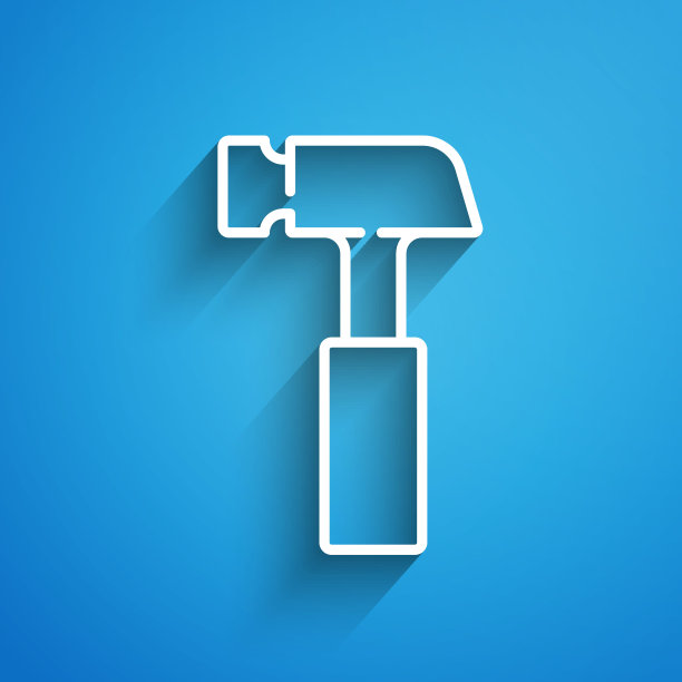 白线锤图标孤立的蓝色背景。修理工具。长长的阴影。向量图片下载