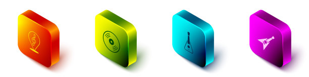 2.5D高音谱号、黑胶唱片、吉他和电贝司图标矢量素材图片下载