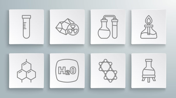 化学配方，放射性，水，分子，试管，酒精燃烧器和图标。向量图片下载