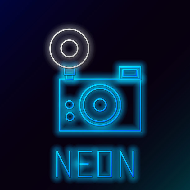 蓝色发光的霓虹灯线照片相机图标孤立的黑色背景。摄影相机图标。色彩缤纷的轮廓概念。矢量图图片下载