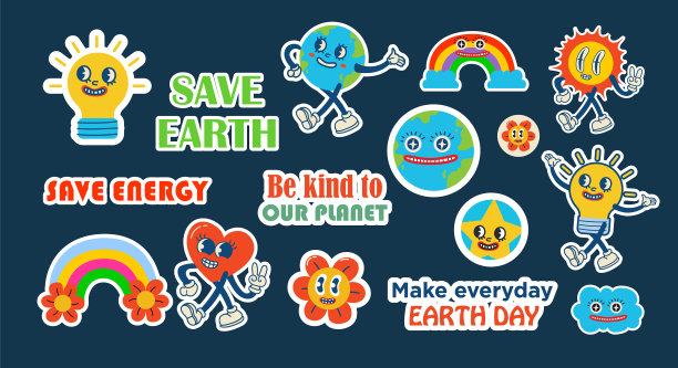 拯救地球贴纸在时尚的复古卡通图片下载