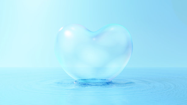 3 d演示。心形的肥皂泡漂浮在水面上。宽广的水面。(水平)图片下载