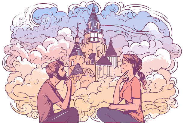 年轻夫妇梦想奇迹魔法城堡在图片下载