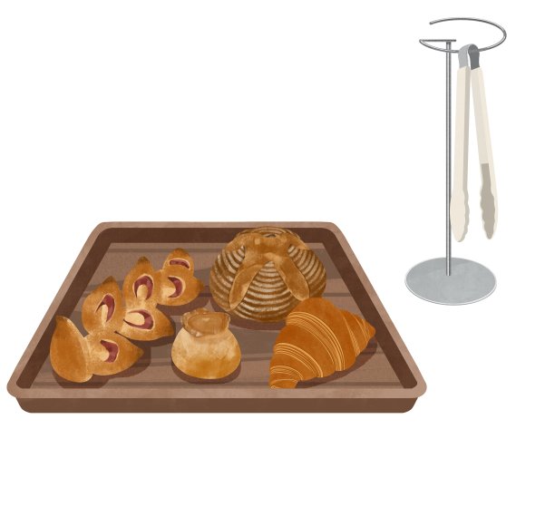 插图一套新鲜出炉的法国面包在一个木制托盘与白色夹子。图片下载