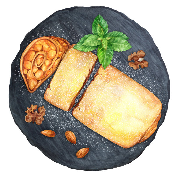 苹果馅饼放在撒了糖粉的黑石板上图片下载