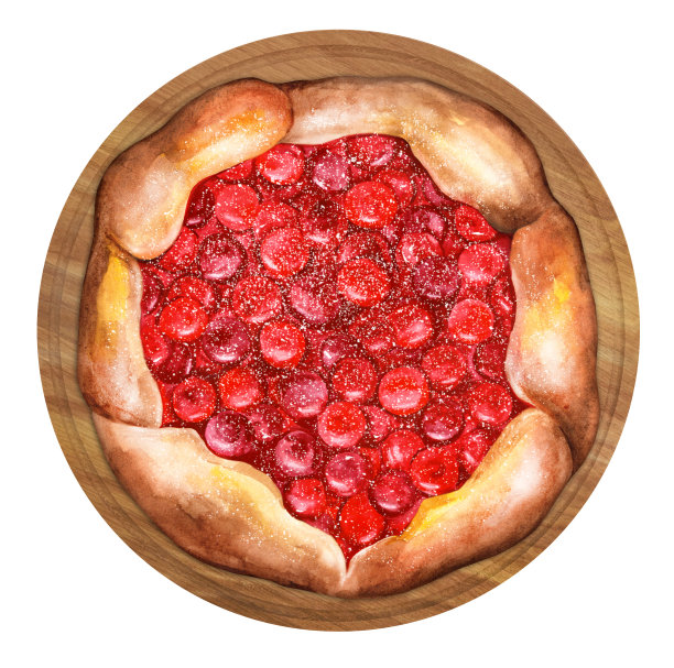 加成熟的红樱桃和糖粉。水彩插图图片下载