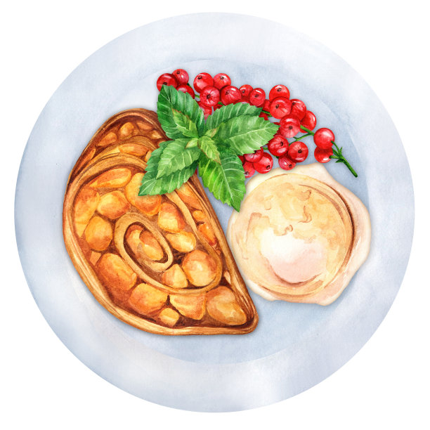 一份馅饼，一勺冰淇淋和葡萄干浆果。水彩插图图片下载