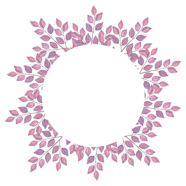 圆形框架与抽象的紫色叶子。手绘水彩插图孤立的白色背景。用于婚礼请柬、贺卡等图片下载