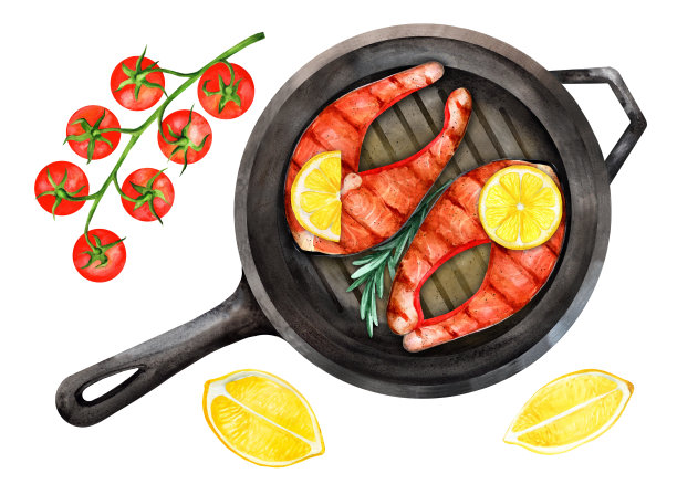 平底锅里的鲑鱼排。水彩插图图片下载