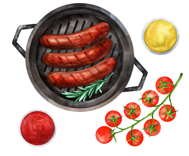 水彩烤锅配美味的煎香肠图片下载