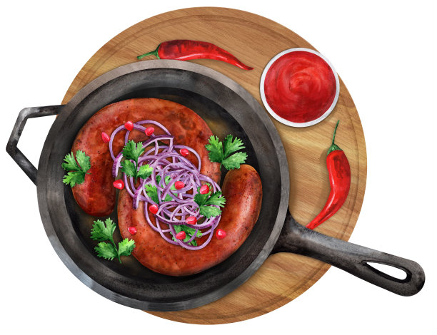 用木板在锅里煎牛肉。水彩插图图片下载